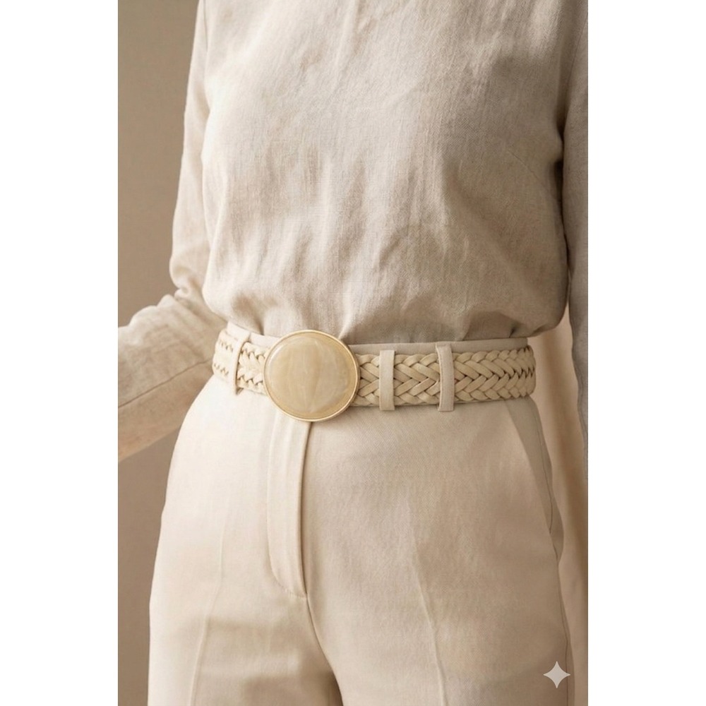 NEW Womens Ivory Braided Woven Belt with Resin Round Buckle